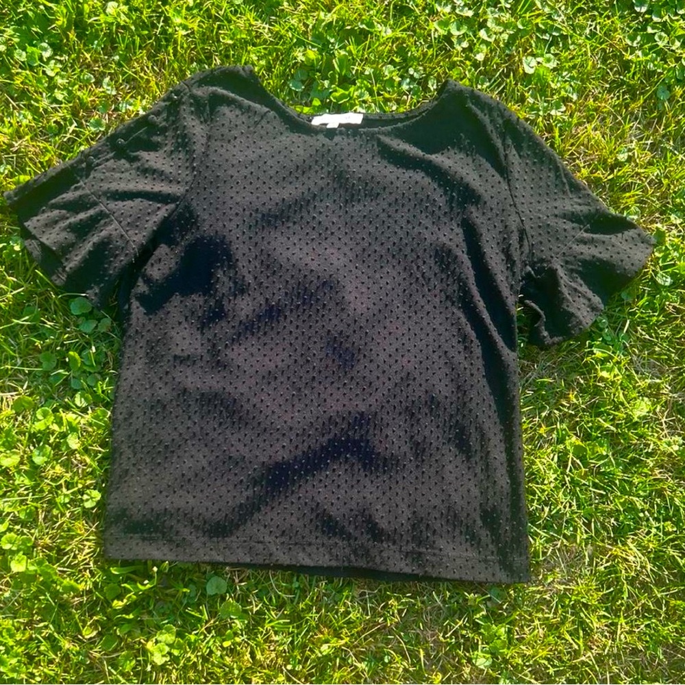 Polka Dot Black Short Sleeve Top Ruffle Sleeve
